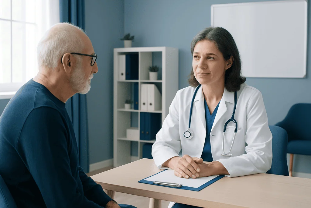 Doctor consulting with an elderly male patient in a medical office.
