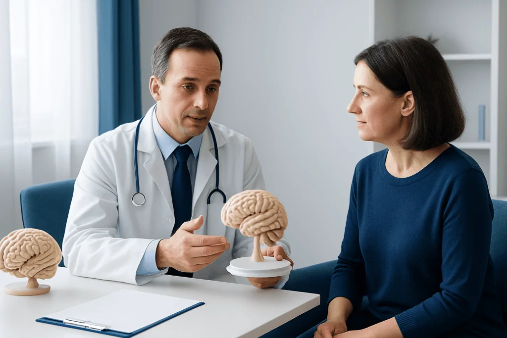 Neurosurgeon explaining brain anatomy to a patient during consultation at Acibadem Hospital.