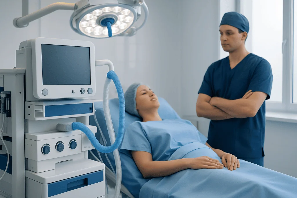 Patient in a hospital bed with medical staff and equipment in a modern operating room.