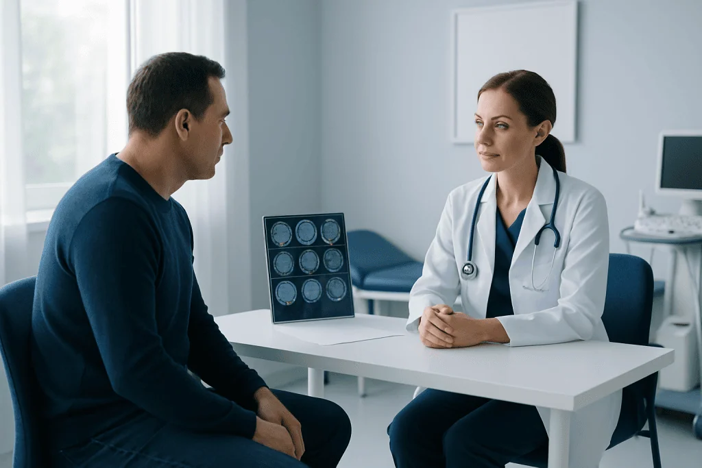 Doctor consulting with male patient in a medical office.