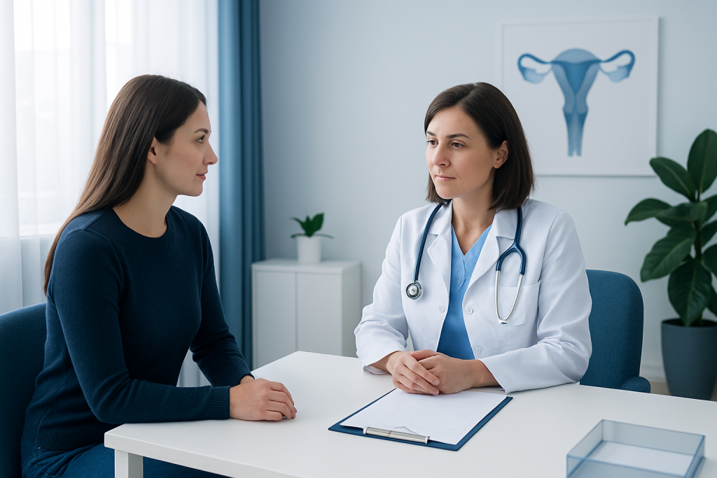 Gynecologist consulting with a patient in a medical office.