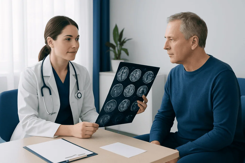 Doctor explaining cerebral angiography results to patient in consultation room.