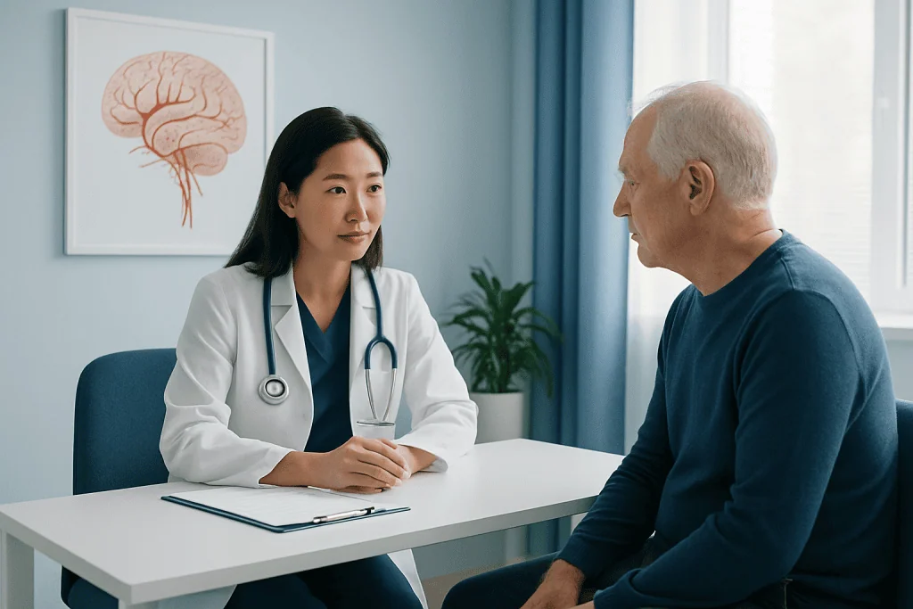 Doctor consulting with elderly patient in a medical office.