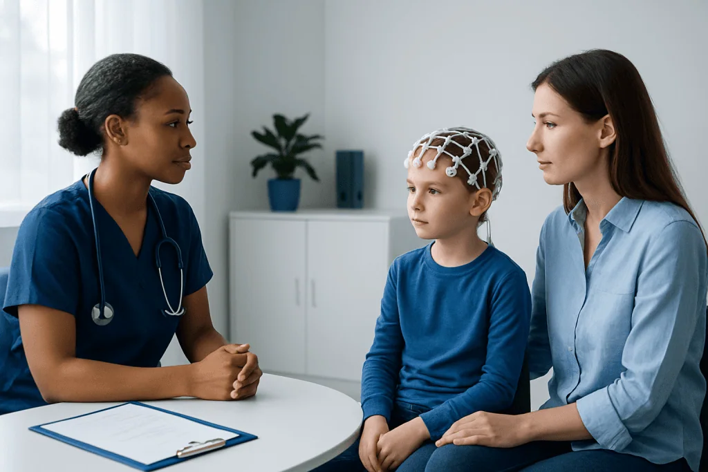 Child undergoing EEG test with medical staff and parent present.