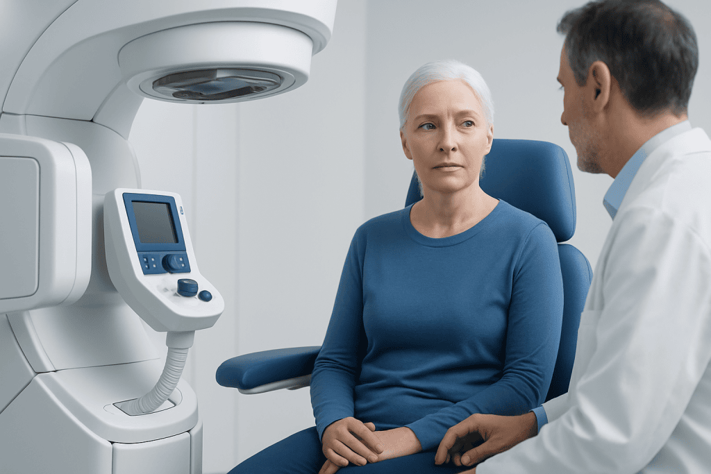 Senior woman during medical consultation at oncology clinic with doctor.
