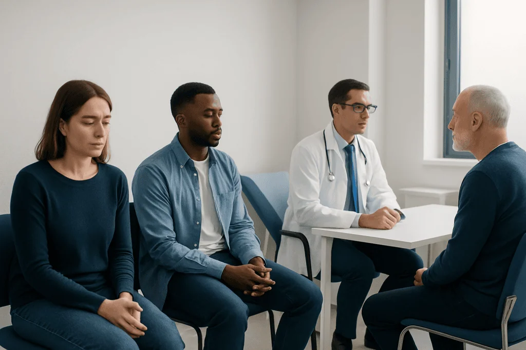 Patients waiting in a medical consultation room for appointment.