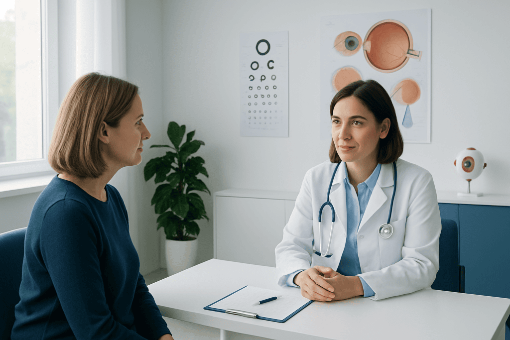 Doctor consulting with patient about eye health in a clinical setting.