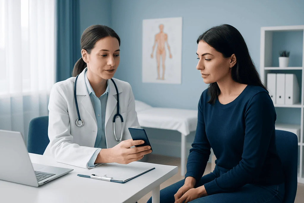 Doctor consulting with patient in a medical office setting.