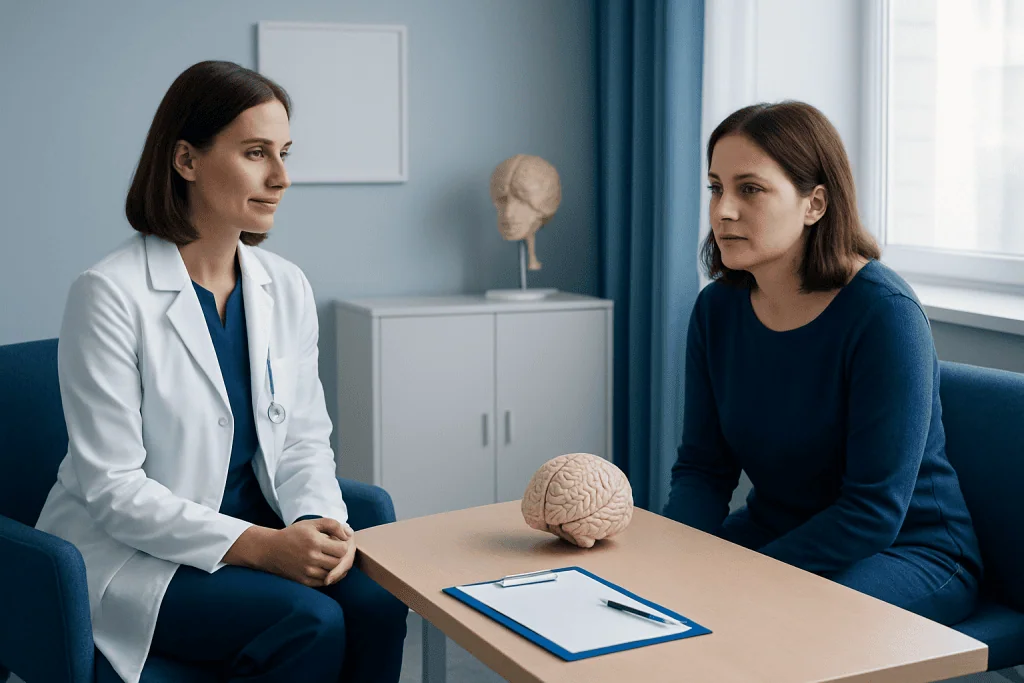 Doctor and patient discussing brain health during neuropsych testing.