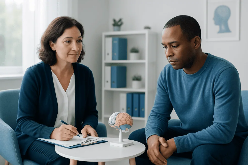 Neuropsychological assessment with a doctor and patient in a clinical setting.