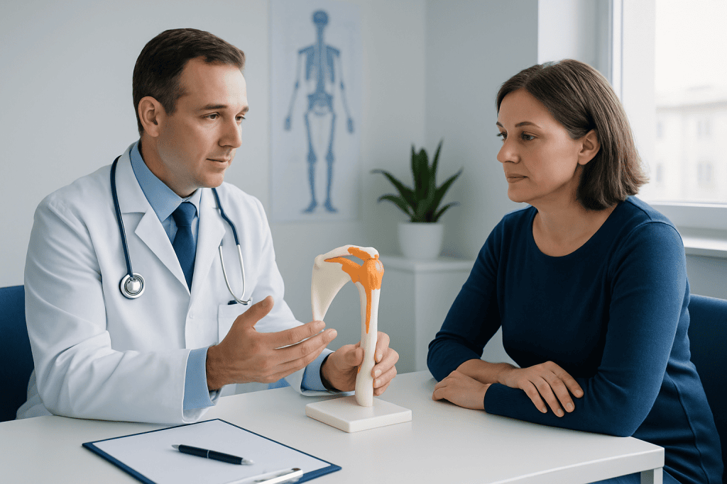 Orthopedic doctor explaining shoulder joint model to patient in clinic.