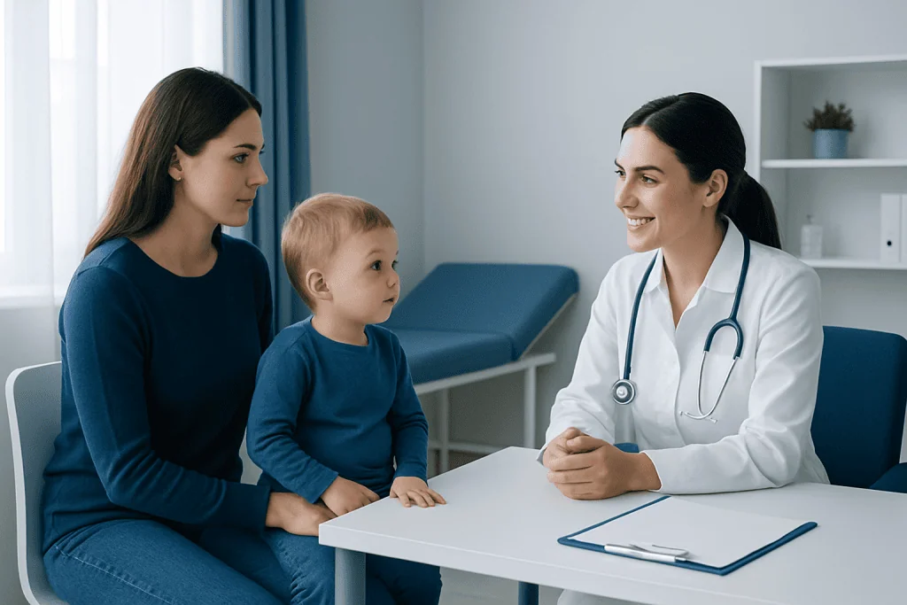 Pediatrician consulting with mother and child in a clinic setting.