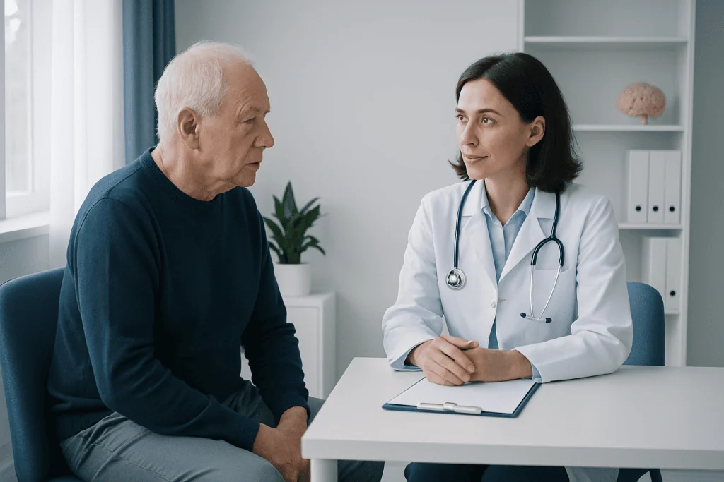 Doctor consulting elderly patient in a medical office setting.