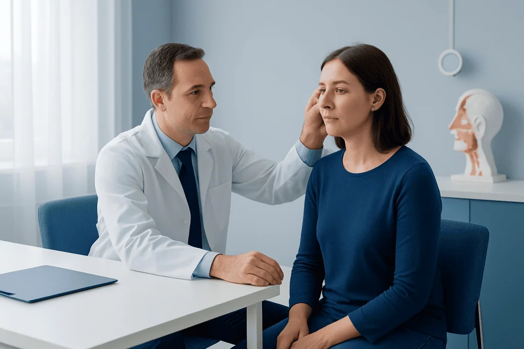 ENT doctor examining a woman's ear during a consultation at a hospital.