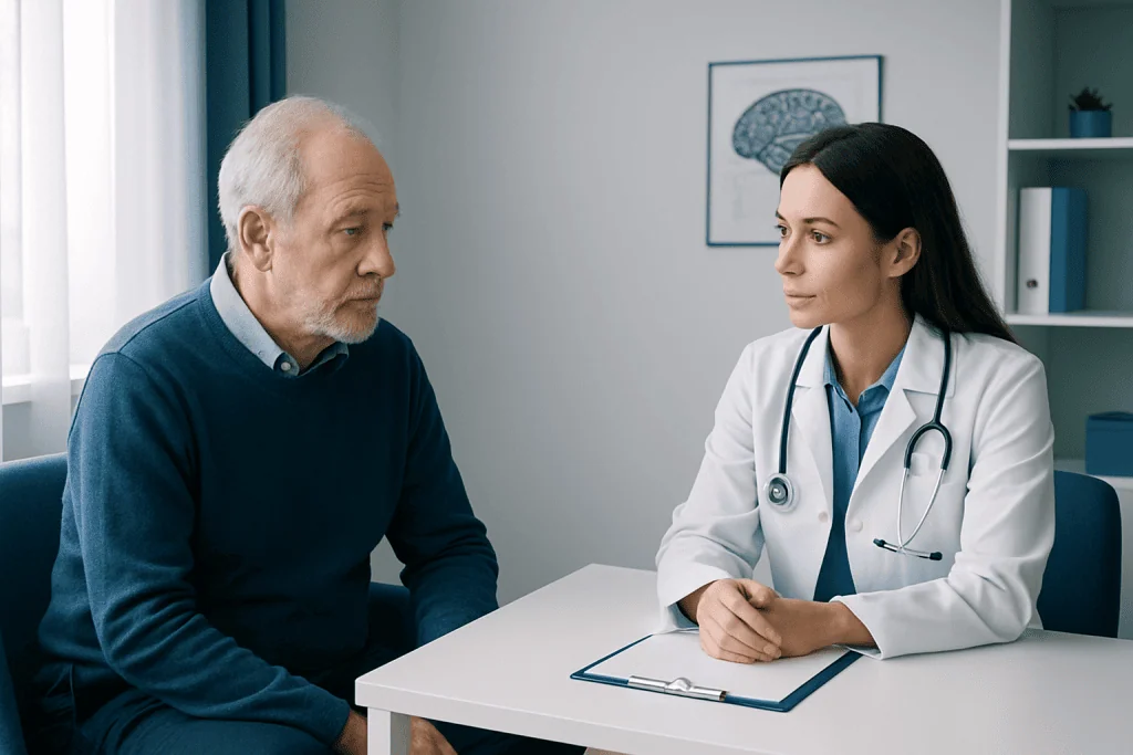Doctor consulting with an elderly patient about cognitive health.