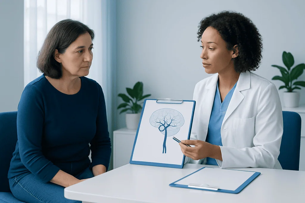 Doctor explains brain scan to patient in a consultation room.
