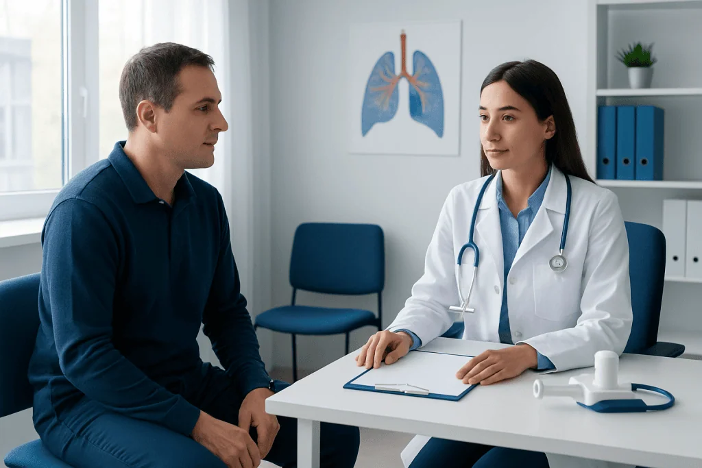 Doctor consulting with patient in a medical office with lung diagram.