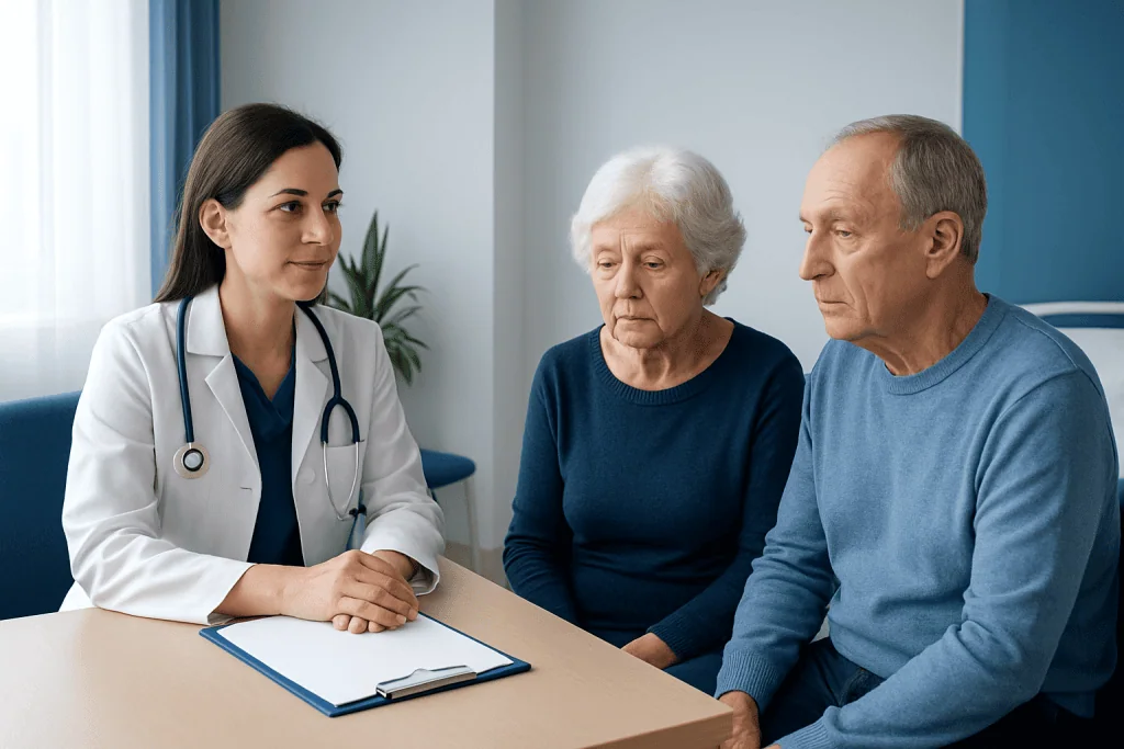 Doctor consulting elderly couple about health concerns in a medical office.