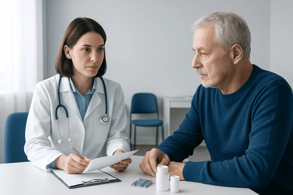 Doctor consulting with an elderly male patient about medication at clinic.