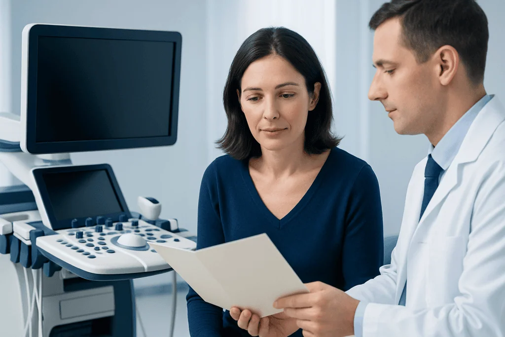 Doctor consulting with a patient in a hospital setting with medical equipment.