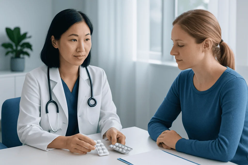 Doctor explaining medication options to a patient in a clinic setting.