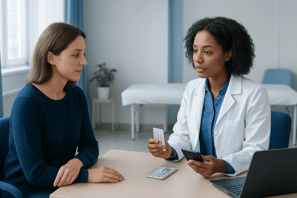 Doctor explaining medication interactions to a patient in a clinic setting.