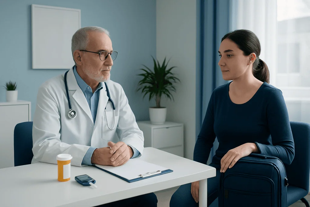 Doctor consulting with a female patient in a modern clinic setting.