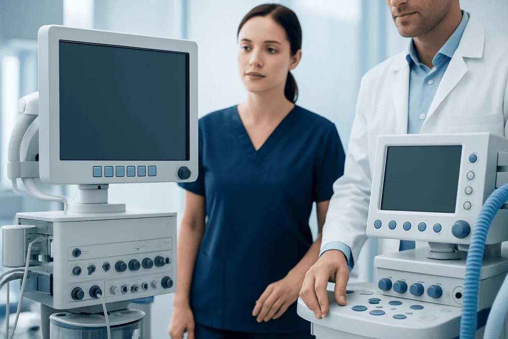 Medical professionals using advanced hospital monitoring equipment at Acibadem Hospitals.