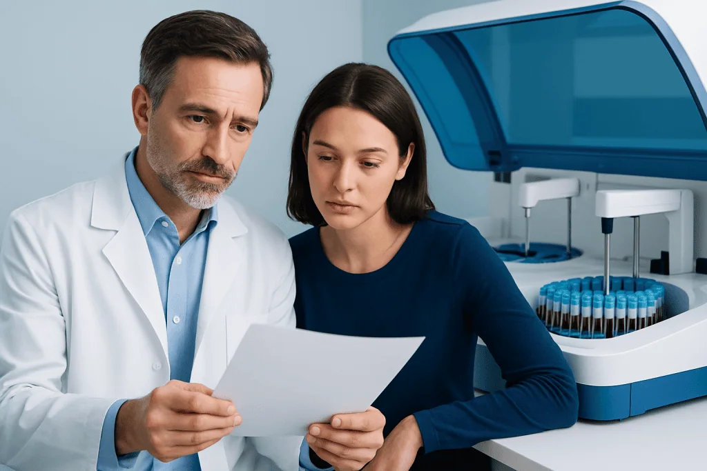 Doctor and patient reviewing blood test results in a medical lab.