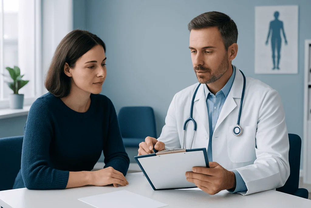 Doctor consulting with a female patient in a modern clinic setting.