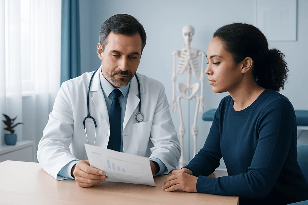Doctor consulting with a patient in a medical office with skeleton model in background.