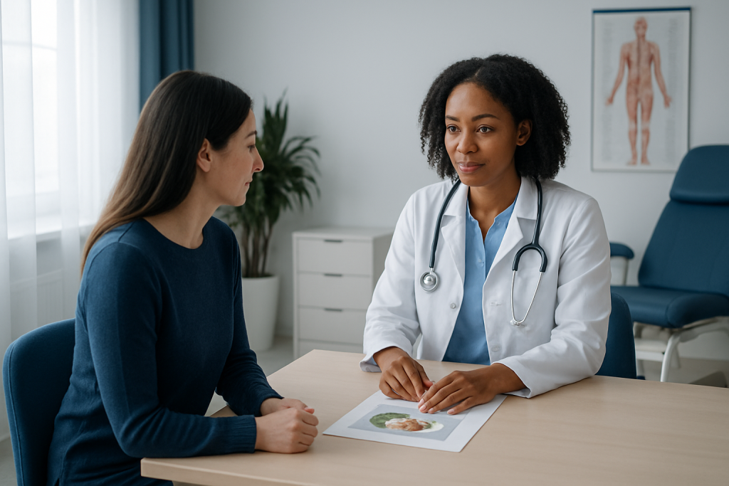 Doctor consulting with a patient in a medical office setting.
