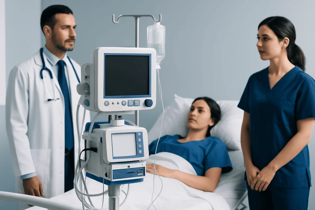 Hospital room with patient, doctor, and nurse near medical equipment.