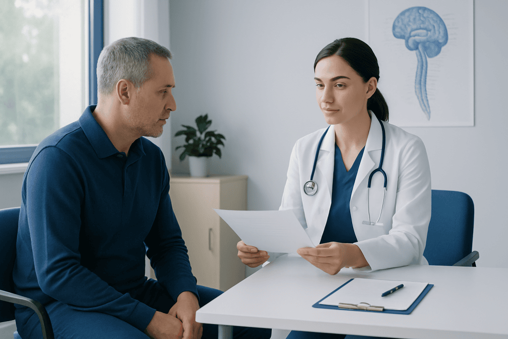 Doctor consulting with patient about neurophysiology referral.