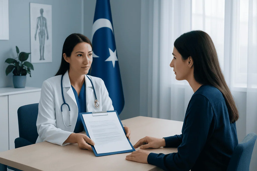 Doctor explaining medical consent form to patient in clinic.
