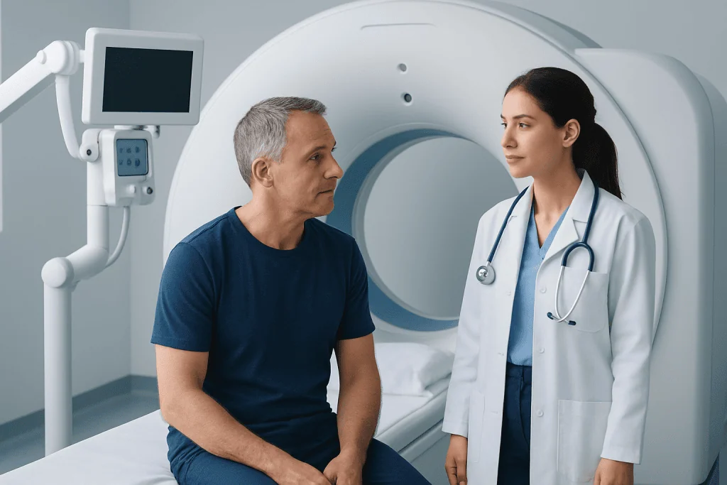 Patient and doctor discussing MRI scan in hospital setting.