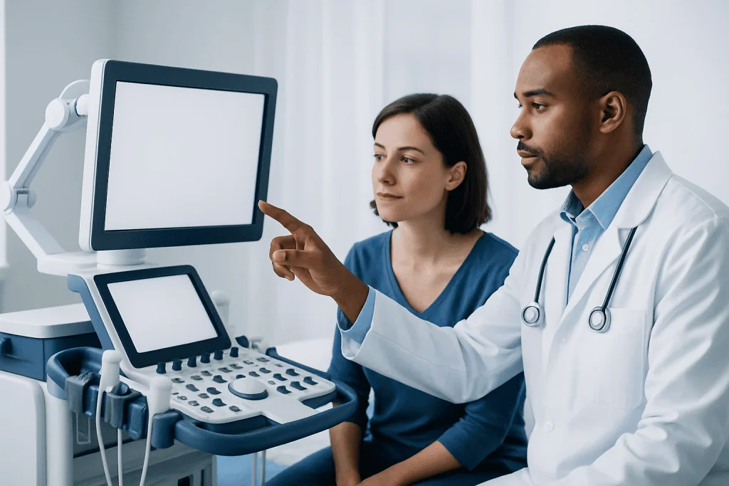 Doctor and nurse using ultrasound equipment in a medical setting.