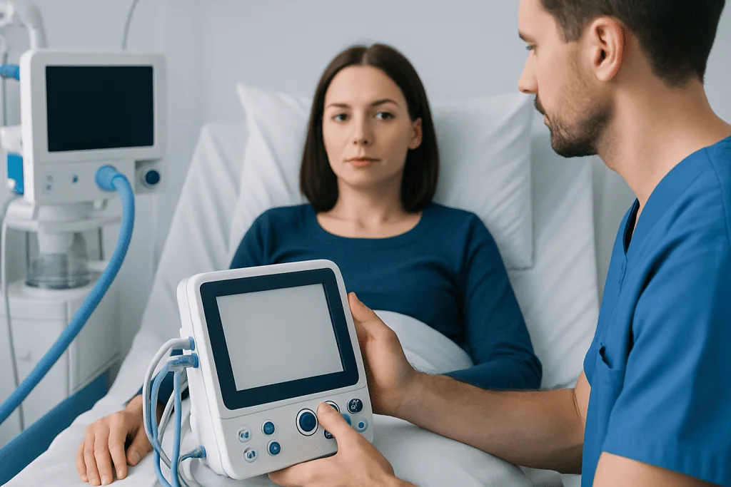 Doctor explaining medical device to patient in hospital room.