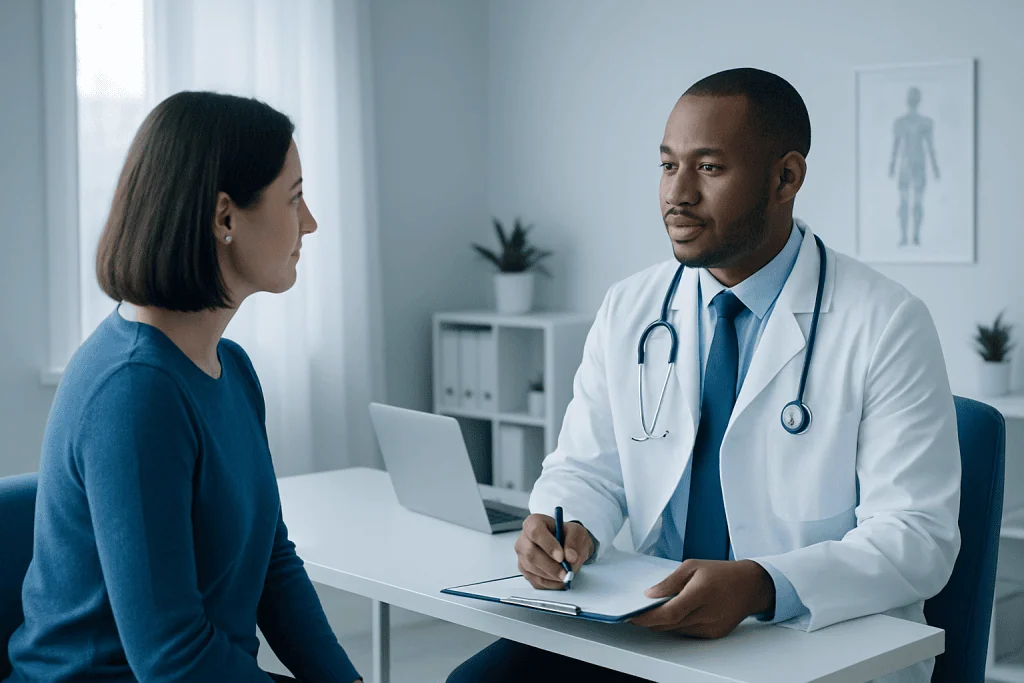 Doctor consulting with a patient in a modern medical office.