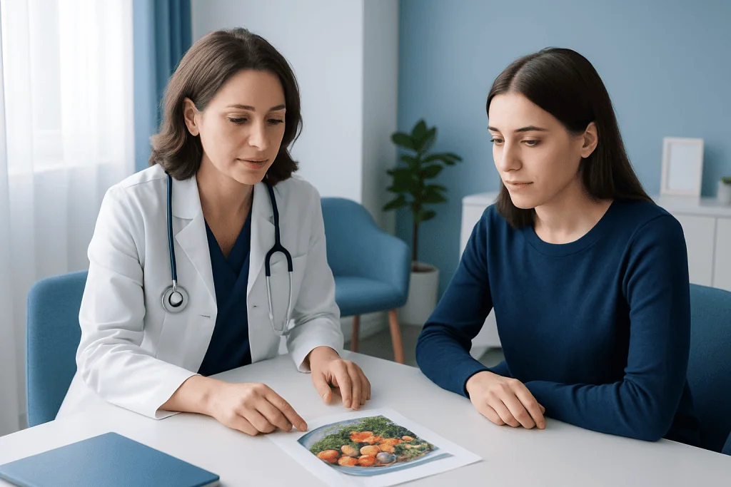 Doctor consulting with patient about healthy eating and nutrition.