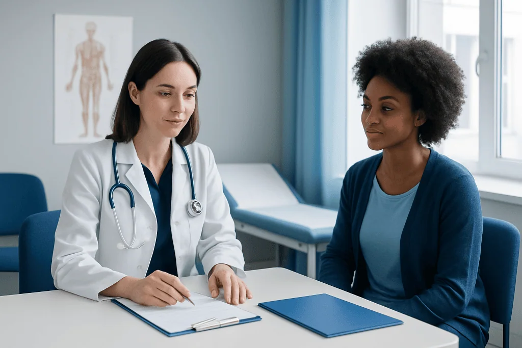 Doctor consulting with a patient in a medical office setting.