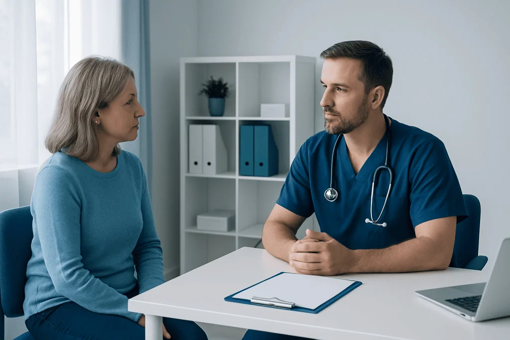 Doctor consulting with a female patient in a medical office setting.