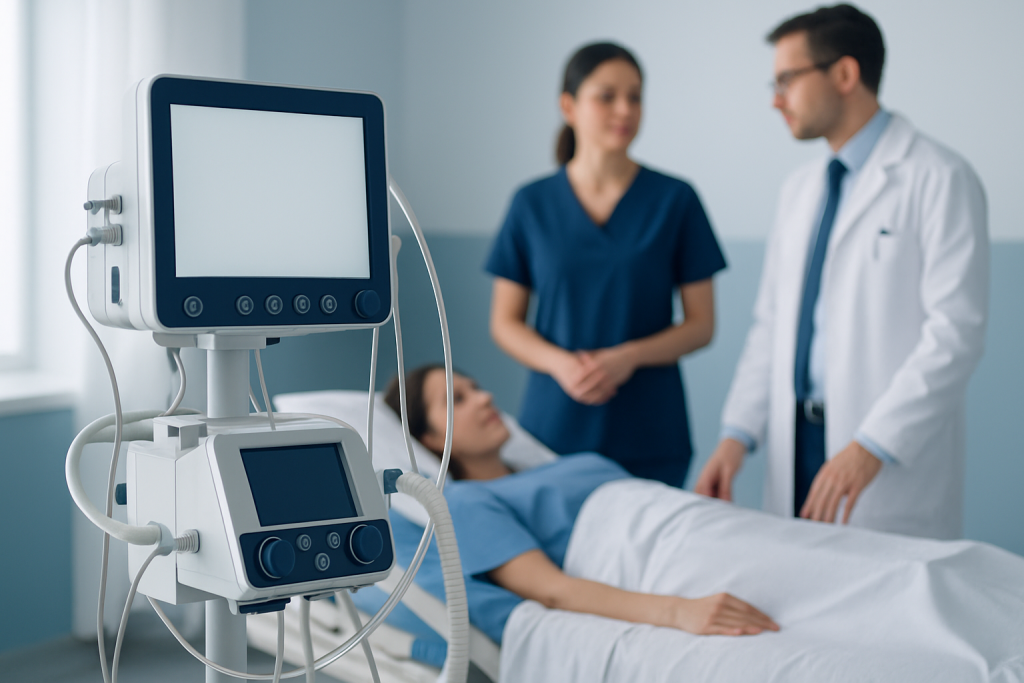 Hospital room with patient and medical staff, medical monitors in foreground.