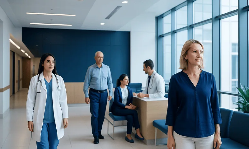 Medical staff and patients in a modern hospital lobby with large windows.