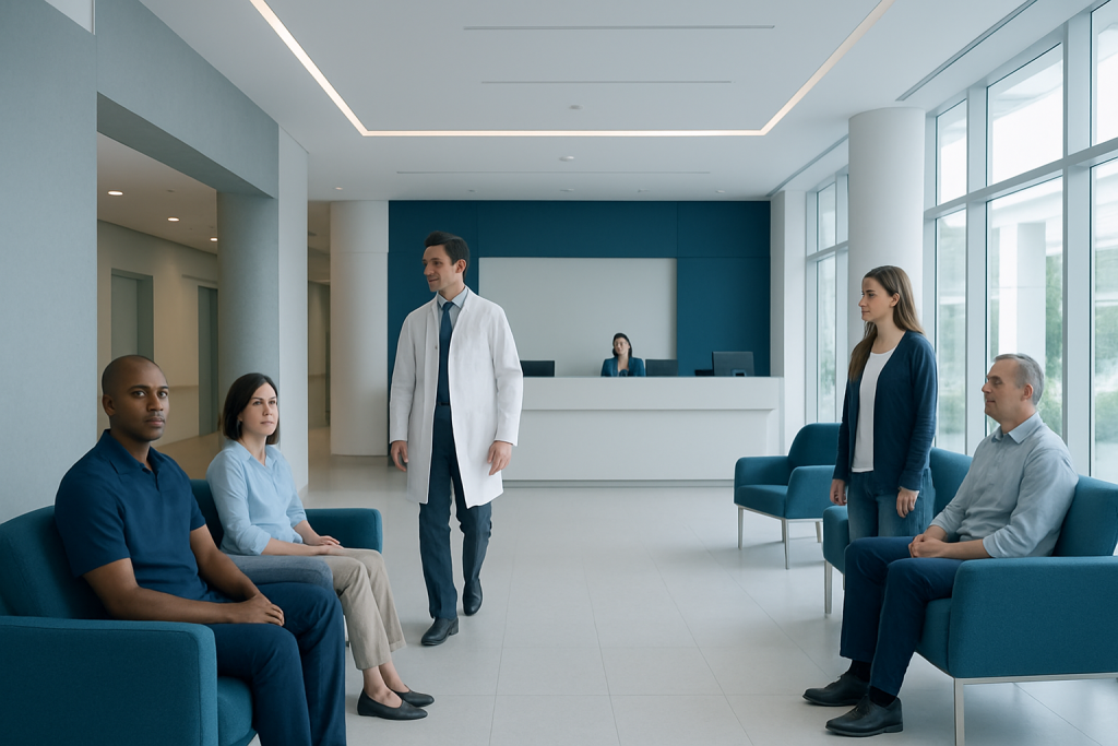 At Acibadem, Which Hospital Campus Is Right for Your Care 1 Medical team consulting in a modern hospital lobby with patients and staff.
