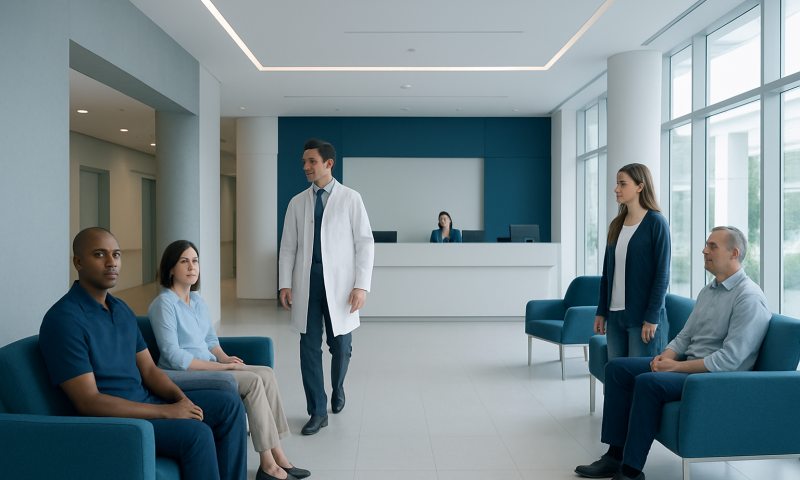 At Acibadem, Which Hospital Campus Is Right for Your Care 9 Medical team consulting in a modern hospital lobby with patients and staff.