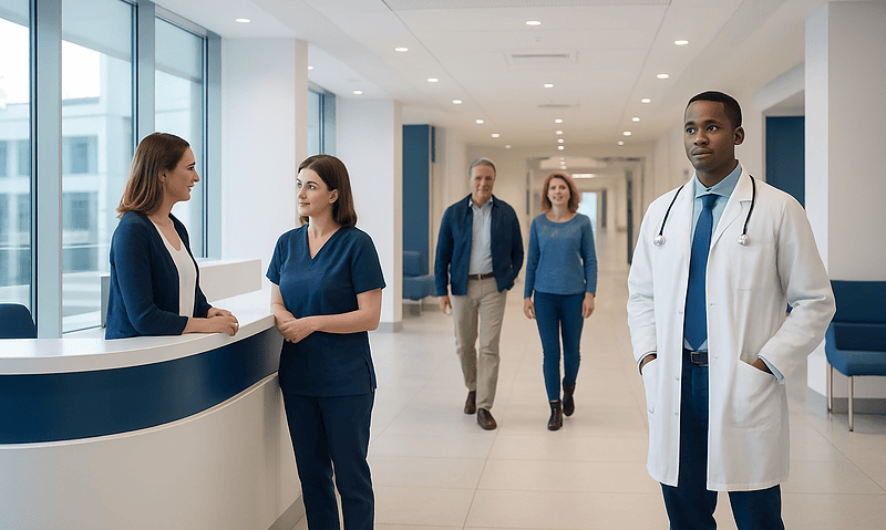 At Acibadem, Which Istanbul Hospital Campus May Suit Your Treatment Needs 14 Healthcare professionals and patients in a modern hospital corridor.
