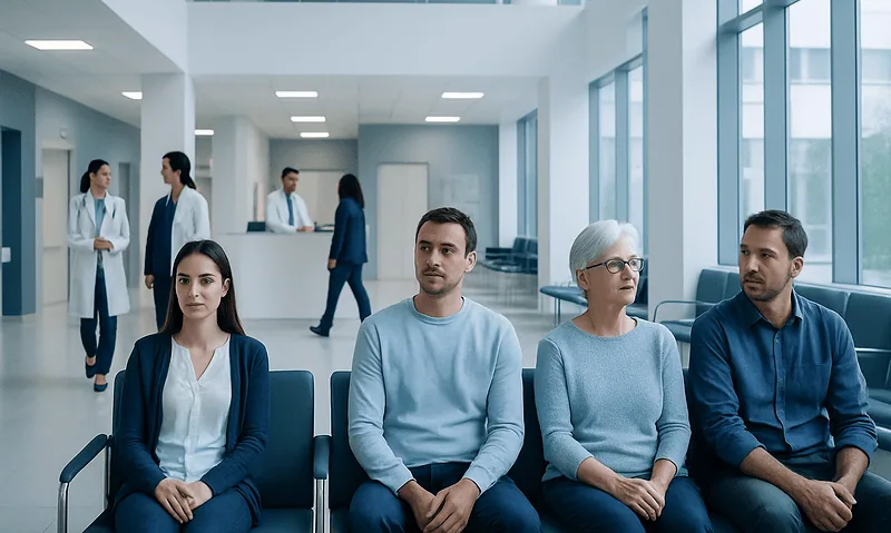 Patients waiting in a modern hospital lobby at Acibadem Hospitals Group.