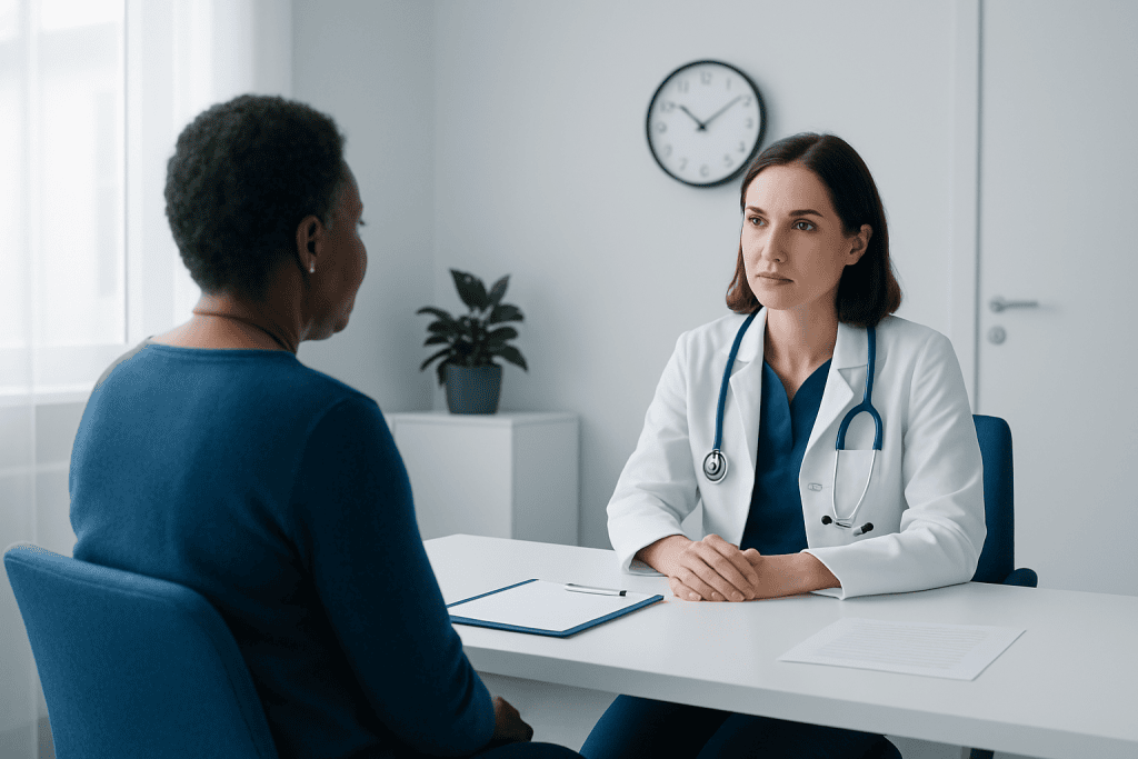 Doctor consulting with patient in a medical office setting.