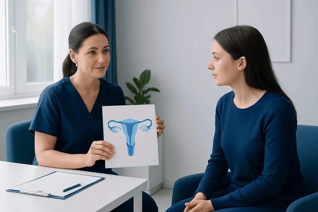 Doctor explains fertility and ovulation to a patient in a consultation room.